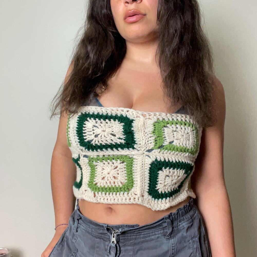 Handmade vintage crochet granny square green white tank boho festival hippie S